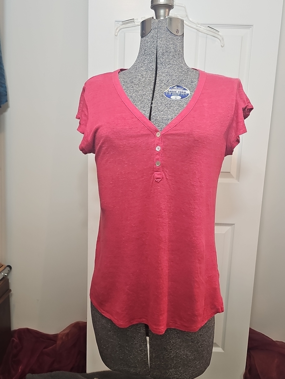 CC California Red 100 Linen Flutter Sleeve Henley V Neck Knit Top Small